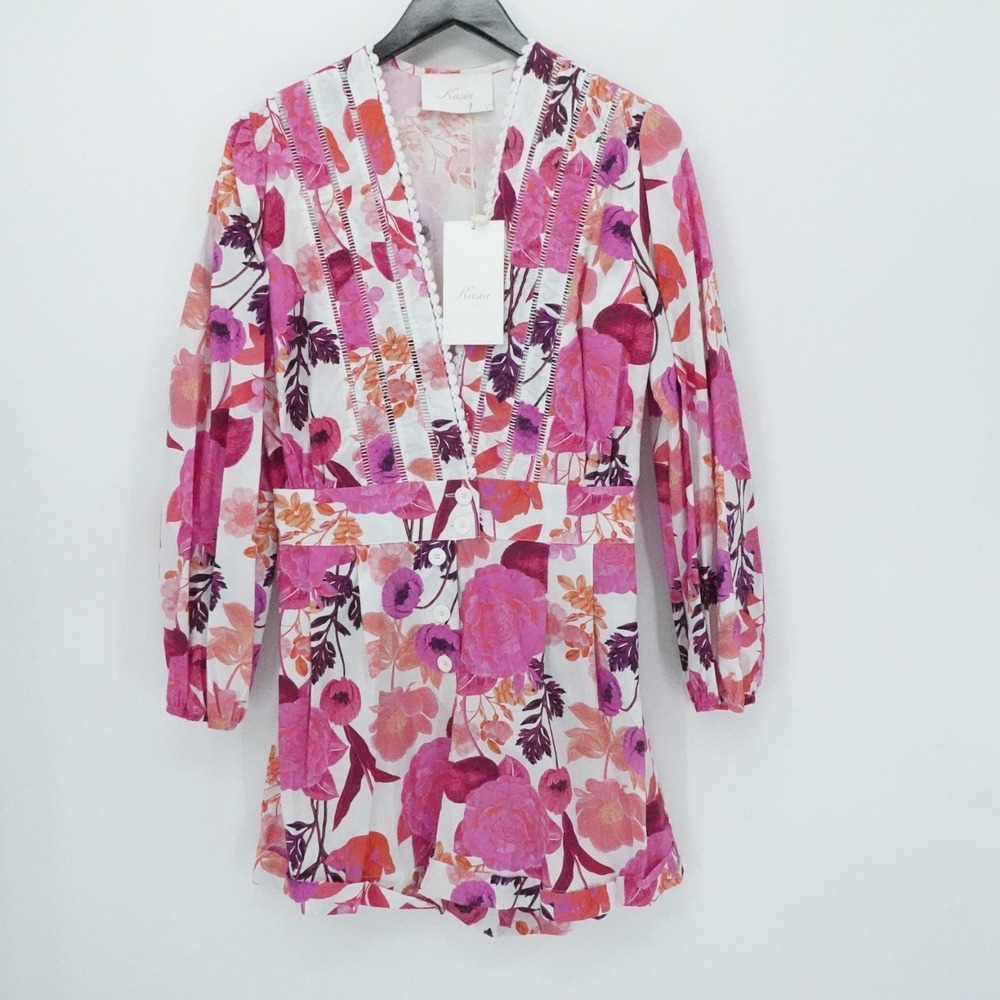Kasia Anthropologie‎ Romper Women L Pink Floral Long Sleeve Button Front Deep V